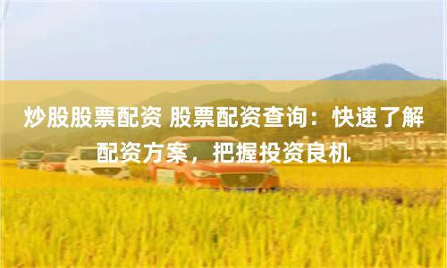 炒股股票配资 股票配资查询：快速了解配资方案，把握投资良机